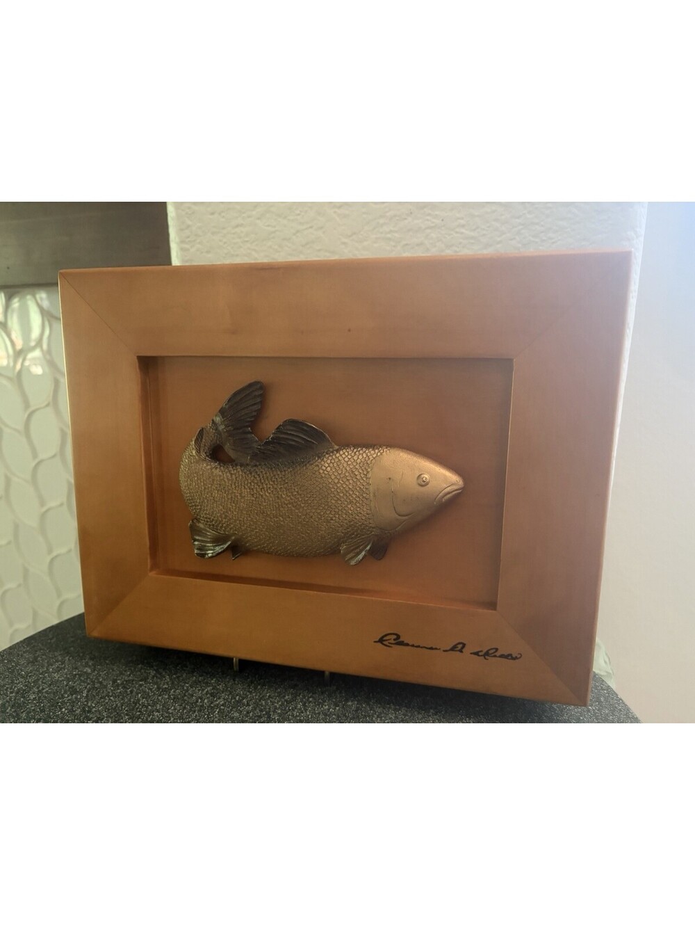 VTG Clarence A Wells Carved Wood Box Carved Gold Salmon Maple wood box Signed
